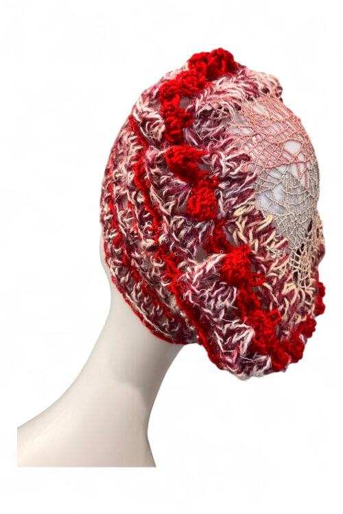 Crochet Beret in Red Pink and Cream