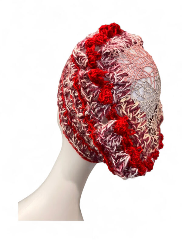 Crochet Beret in Red Pink and Cream