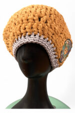 Crochet Beret in Camel and Grey with Embroidered Patch
