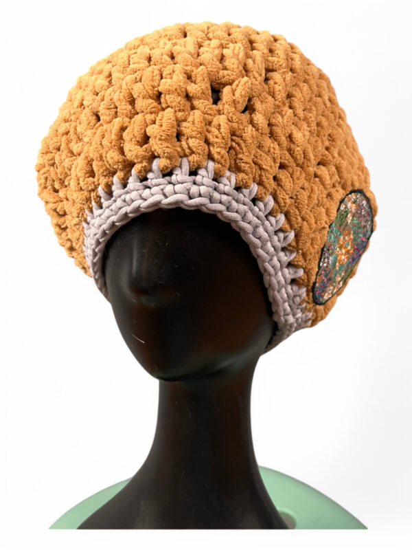 Crochet Beret in Camel and Grey with Embroidered Patch