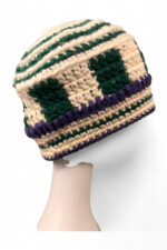 Crochet Beanie in Cream Green and Indigo