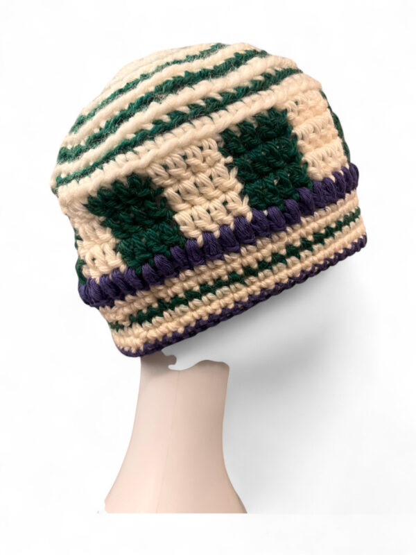 Crochet Beanie in Cream Green and Indigo