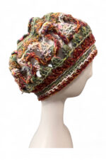 Wool Crochet Beret in Cream Brown and Green