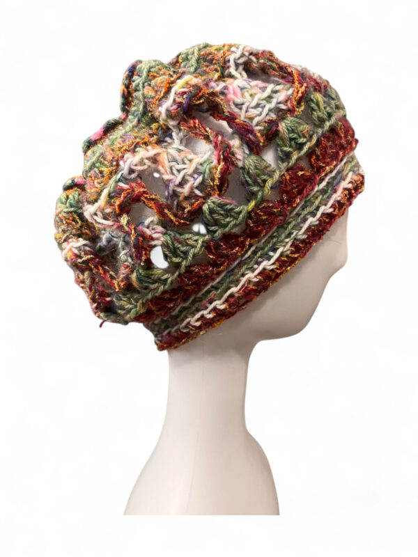 Wool Crochet Beret in Cream Brown and Green