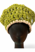 Crochet Beret in Green and Beige with Embroidered Patch