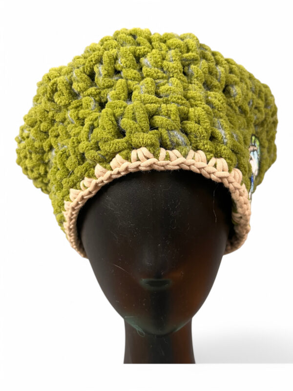 Crochet Beret in Green and Beige with Embroidered Patch