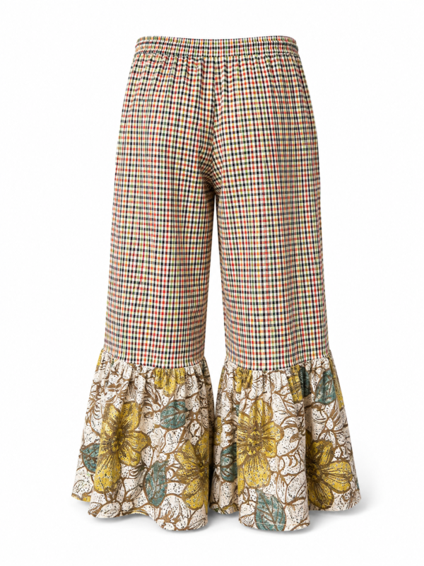 Checkered Ruffle Pants Lace Flower Hem