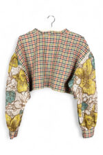 Upcycled Cropped Top with Checks and Floral Sleeves