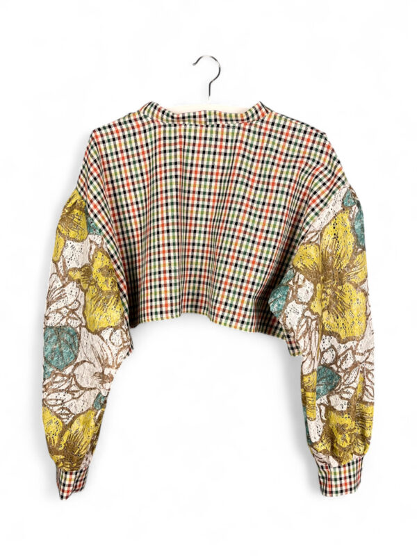 Upcycled Cropped Top with Checks and Floral Sleeves