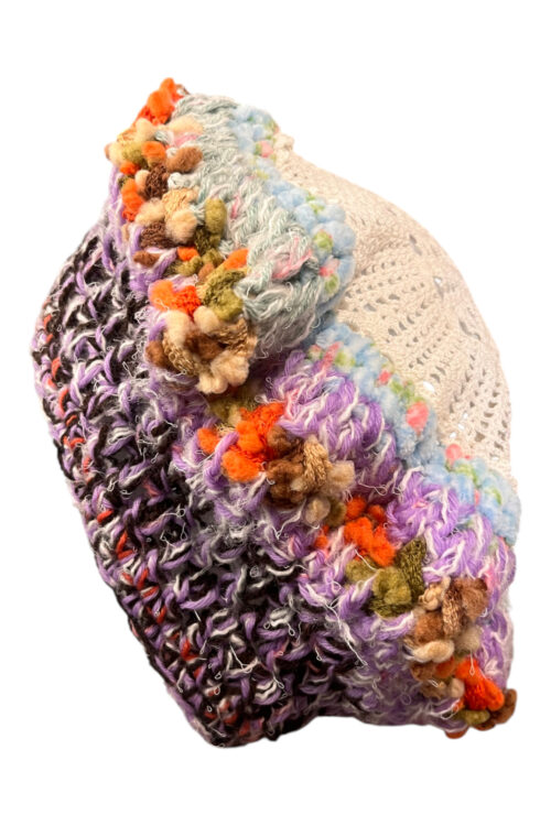 Crochet Beret in Cream Grey and Pastel Accents