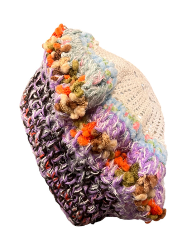 Crochet Beret in Cream Grey and Pastel Accents