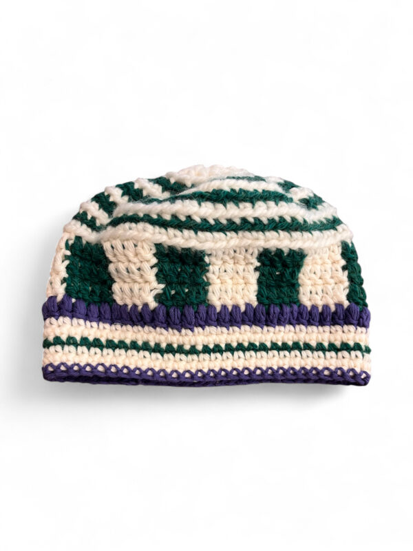 Crochet Beanie in Cream Green and Indigo