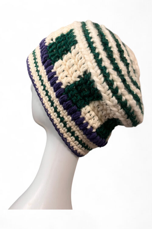 Crochet Beanie in Cream Green and Indigo