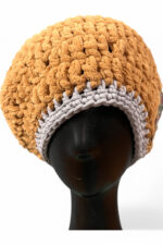 Crochet Beret in Camel and Grey with Embroidered Patch