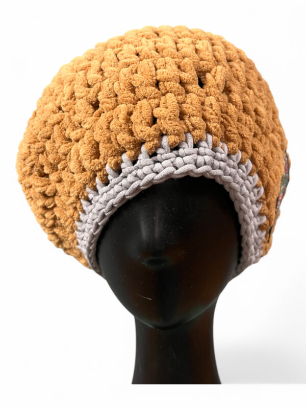 Crochet Beret in Camel and Grey with Embroidered Patch