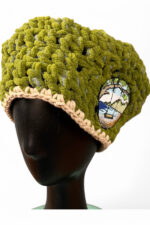 Crochet Beret in Green and Beige with Embroidered Patch