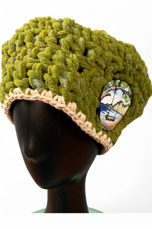 Crochet Beret in Green and Beige with Embroidered Patch