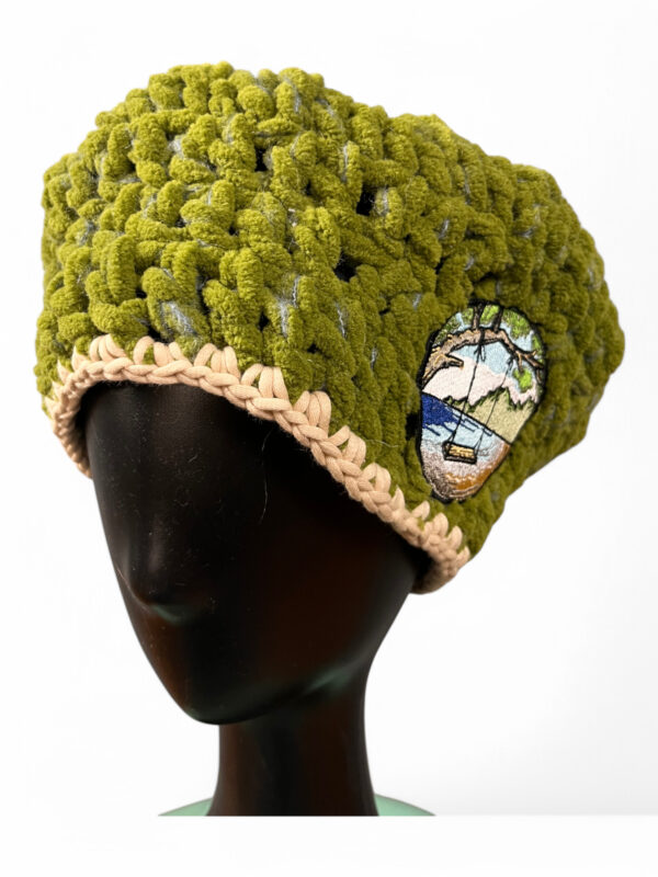 Crochet Beret in Green and Beige with Embroidered Patch