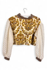 Upcycled Cropped Top with Baroque Pattern and Lace Sleeves Upcycled Cropped Top with Baroque Pattern and Lace Sleeves