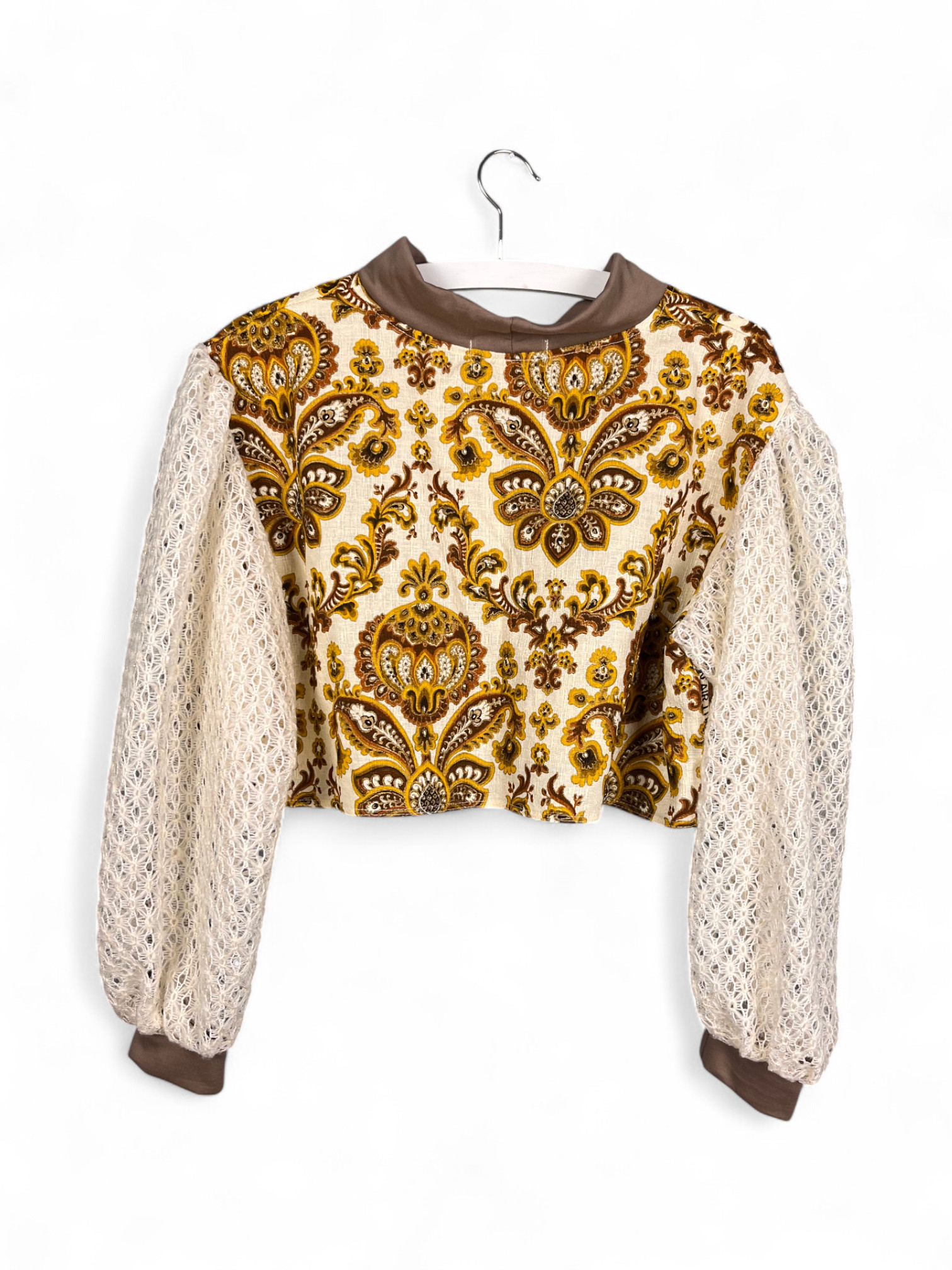 Upcycled Cropped Top with Baroque Pattern and Lace Sleeves Upcycled Cropped Top with Baroque Pattern and Lace Sleeves