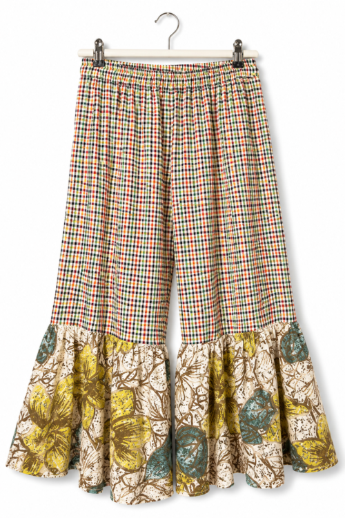 Checkered Ruffle Pants Lace Flower Hem Checkered Ruffle Pants Lace Flower Hem