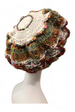 Wool Crochet Beret in Cream Brown and Green