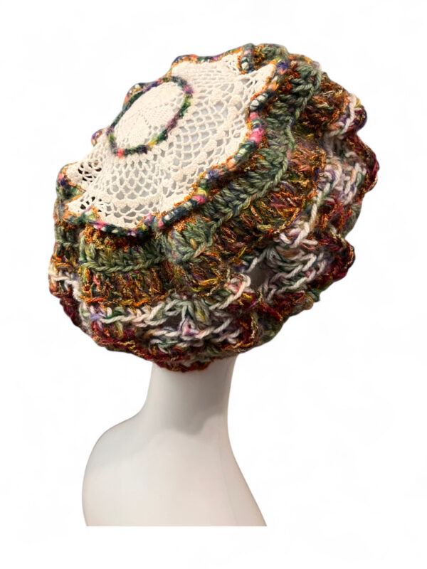 Wool Crochet Beret in Cream Brown and Green