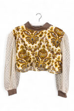 Upcycled Cropped Top with Baroque Pattern and Lace Sleeves Upcycled Cropped Top with Baroque Pattern and Lace Sleeves