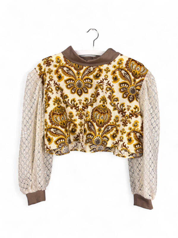 Upcycled Cropped Top with Baroque Pattern and Lace Sleeves Upcycled Cropped Top with Baroque Pattern and Lace Sleeves