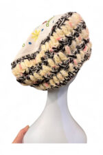 Embroidered Crochet Beret in Cream Yellow and Brown