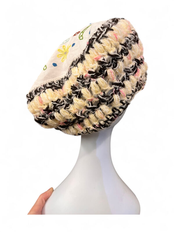 Embroidered Crochet Beret in Cream Yellow and Brown