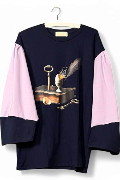 Navy and Pink Top with Surreal Still Life Print