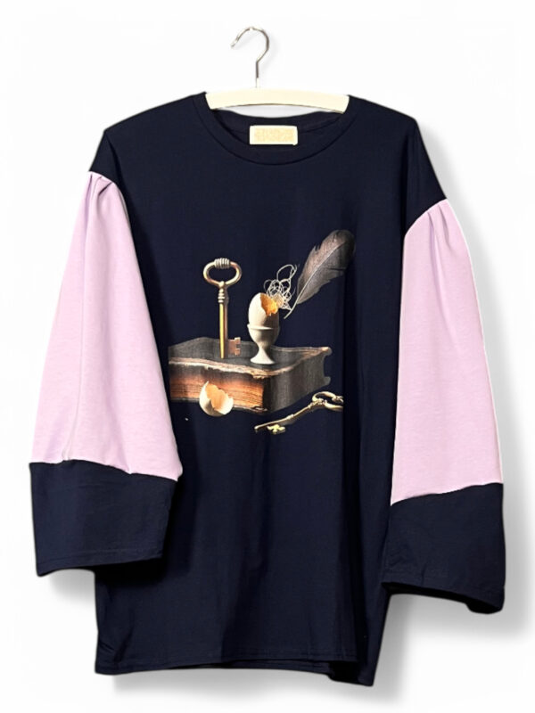 Navy and Pink Top with Surreal Still Life Print