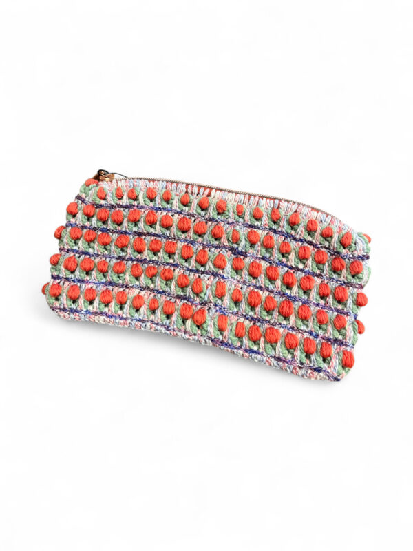 Crochet Clutch in Red Green and Cream
