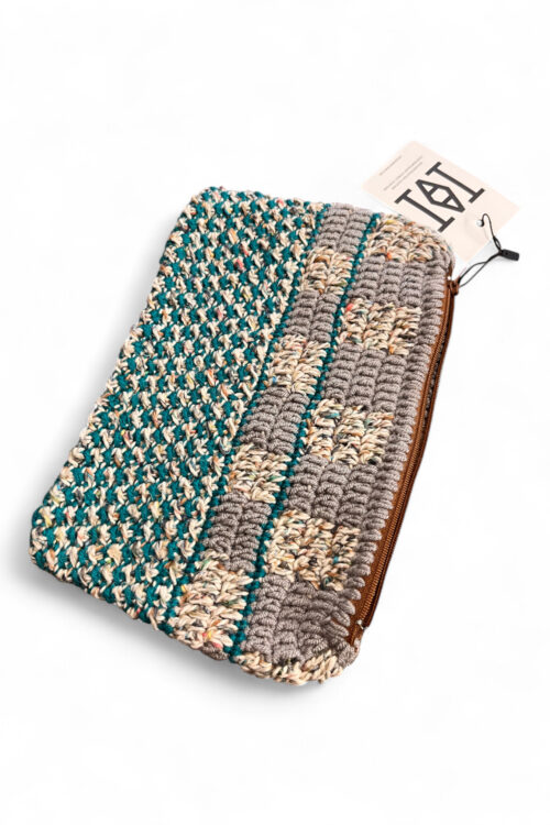 Crochet Pouch in Grey Teal and Cream