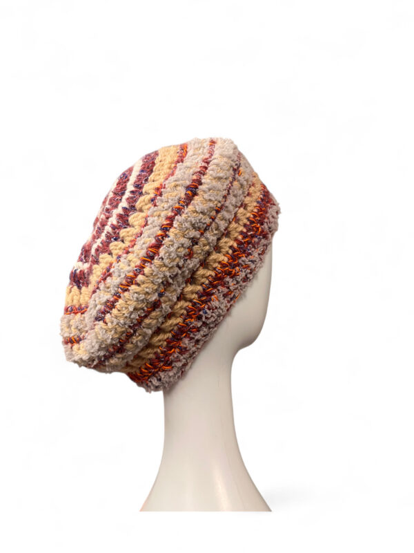 Wool Crochet Beret in Beige Burgundy and Grey