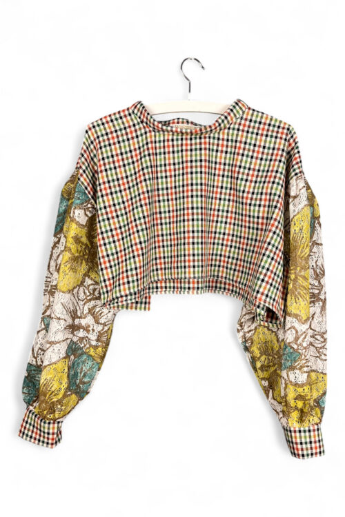 Upcycled Cropped Top with Checks and Floral Sleeves