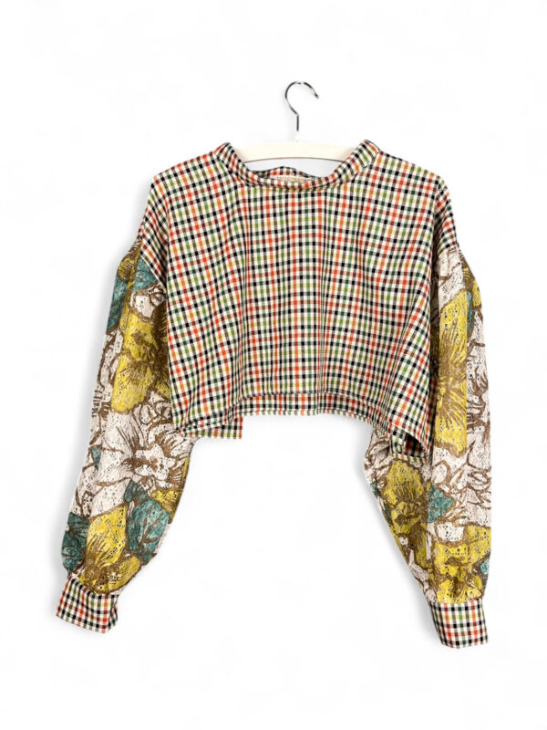 Upcycled Cropped Top with Checks and Floral Sleeves