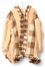 Checked Coat with Ruffles in Beige and Brown