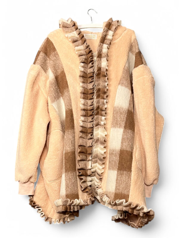 Checked Coat with Ruffles in Beige and Brown