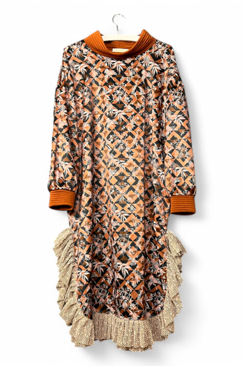 Patterned Dress in Rust and Black with Ruffled Hem