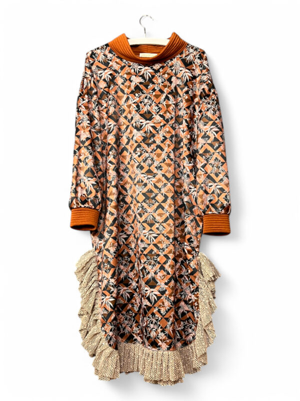 Patterned Dress in Rust and Black with Ruffled Hem