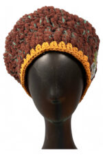 Crochet Beret in Brown and Ochre with Embroidered Patch