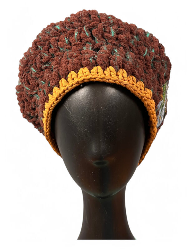 Crochet Beret in Brown and Ochre with Embroidered Patch