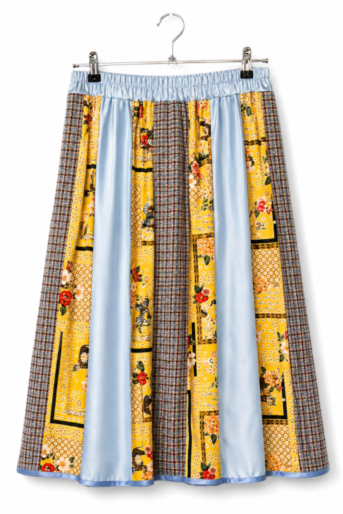 Patchwork Skirt in Yellow Blue and Check Motifs Patchwork Skirt in Yellow Blue and Check Motifs