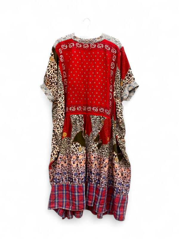 Upcycled Patchwork Dress in Red and Brown