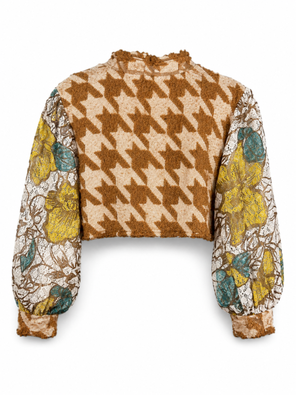 Upcycled Cropped Top with Houndstooth and Floral Sleeves Upcycled Cropped Top with Houndstooth and Floral Sleeves