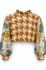 Upcycled Cropped Top with Houndstooth and Floral Sleeves Upcycled Cropped Top with Houndstooth and Floral Sleeves