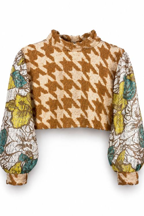 Upcycled Cropped Top with Houndstooth and Floral Sleeves