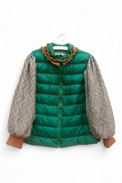 Green Quilted Jacket with Patterned Sleeves